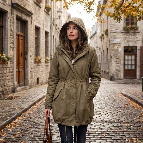 Garnet Hill Sherpa Fleece Line Hooded Cinch Coat Jacket Womens 8 Zip & Snap Tan - Picture 2 of 7